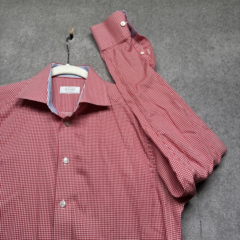 Eton Men's Red Gingham Check Button Up Shirt Contemporary Fit Size 15.5